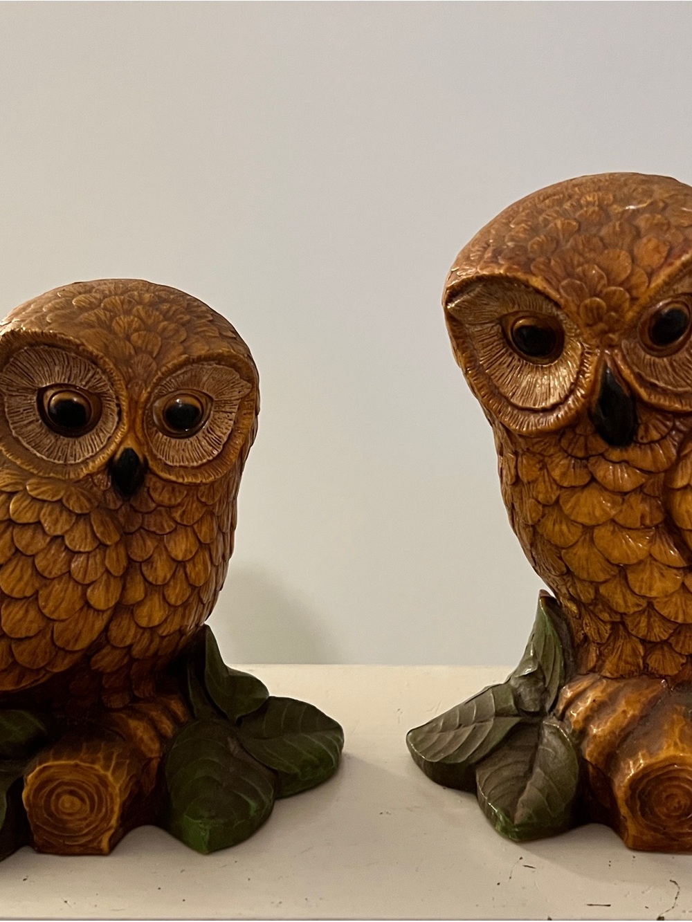 Vintage Pair of Carved Owl Figurines in Brown with Green Accentsi